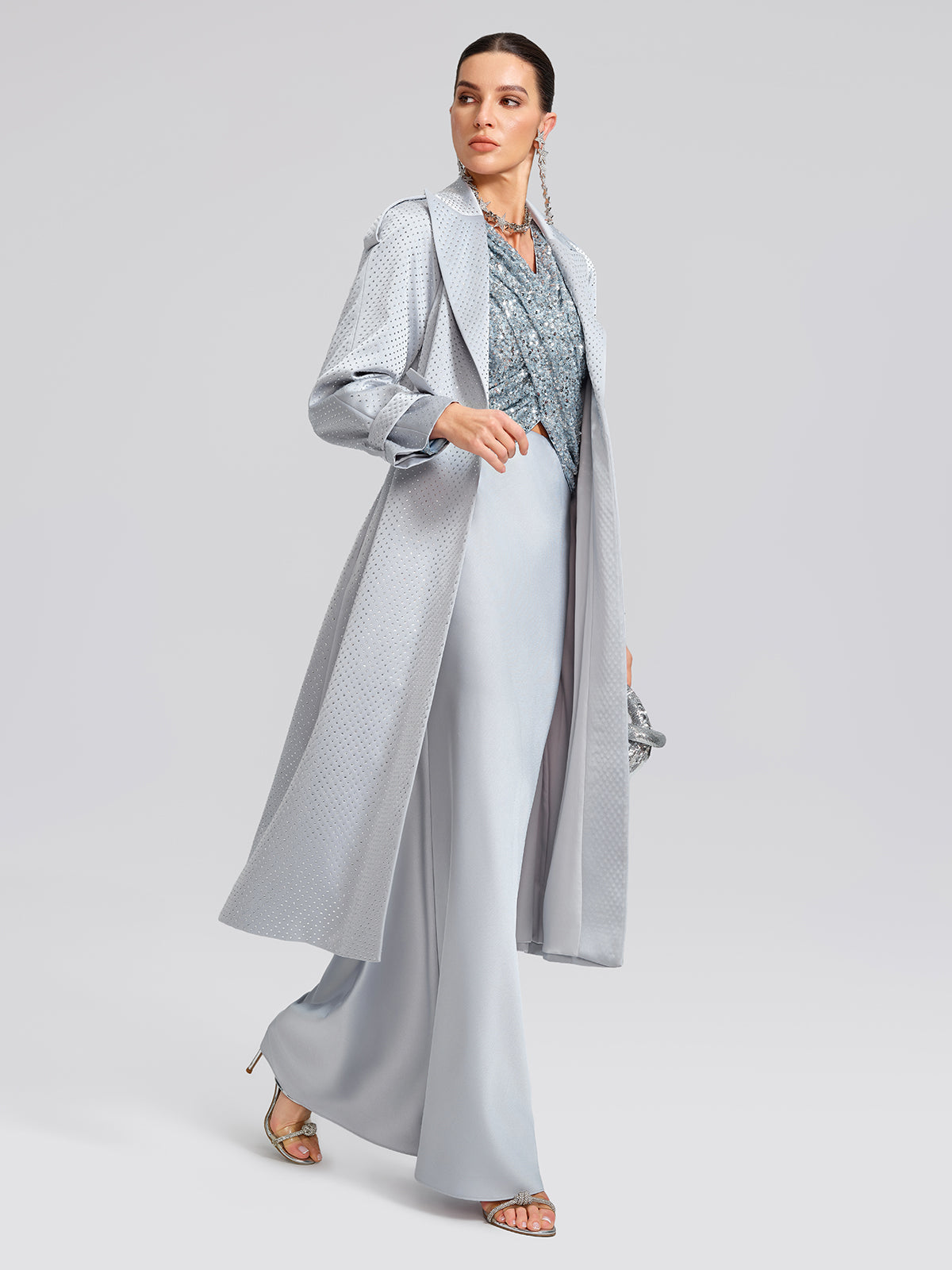 Handcrafted Rhinestone Satin Trench Coat (Belt Included)