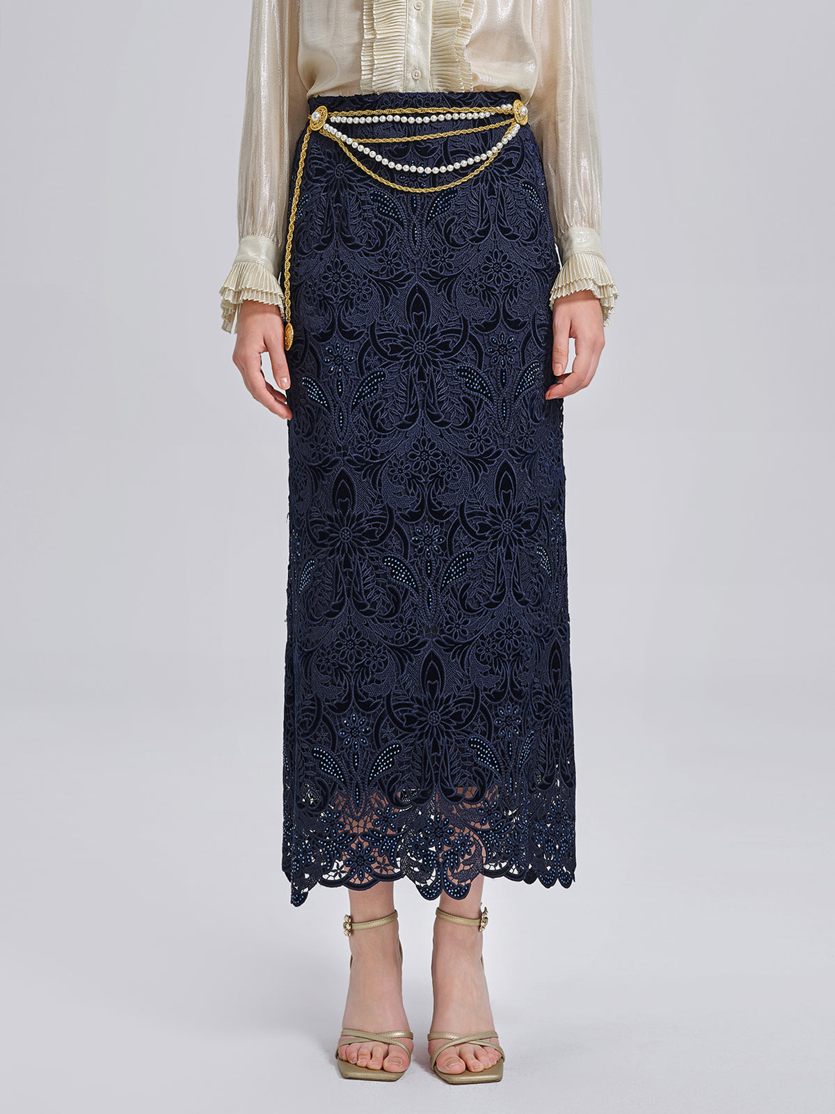 Velvet Lace Cutout Embroidered Fishtail Skirt