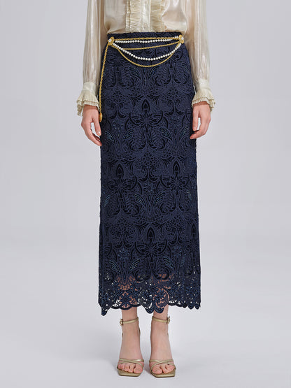 Velvet Lace Cutout Embroidered Fishtail Skirt