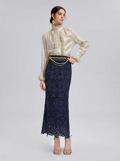 Velvet Lace Cutout Embroidered Fishtail Skirt