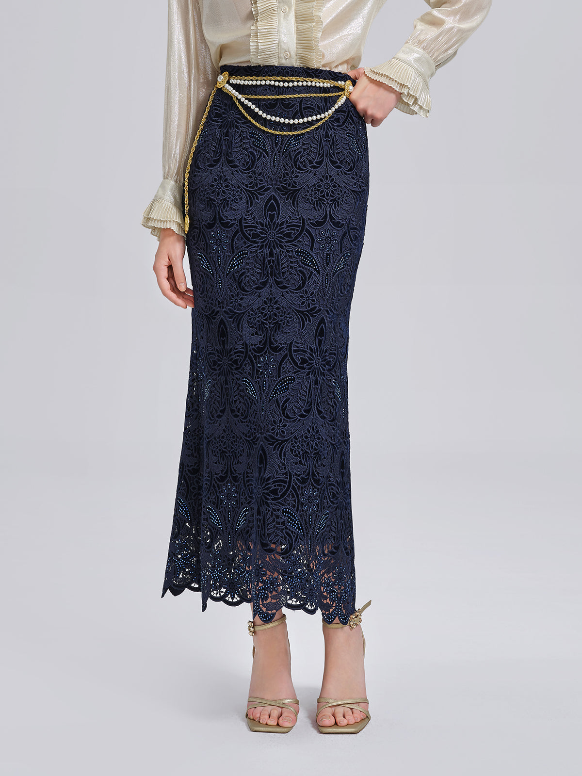 Velvet Lace Cutout Embroidered Fishtail Skirt