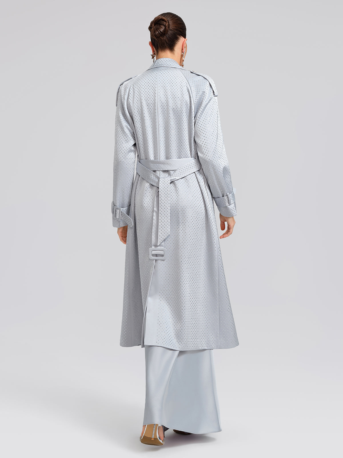 Handcrafted Rhinestone Satin Trench Coat (Belt Included)