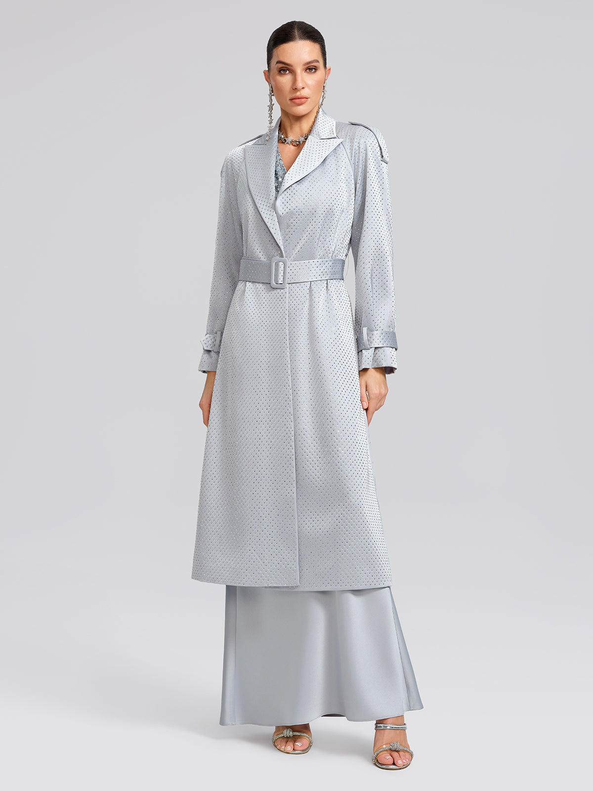 Handcrafted Rhinestone Satin Trench Coat (Belt Included)