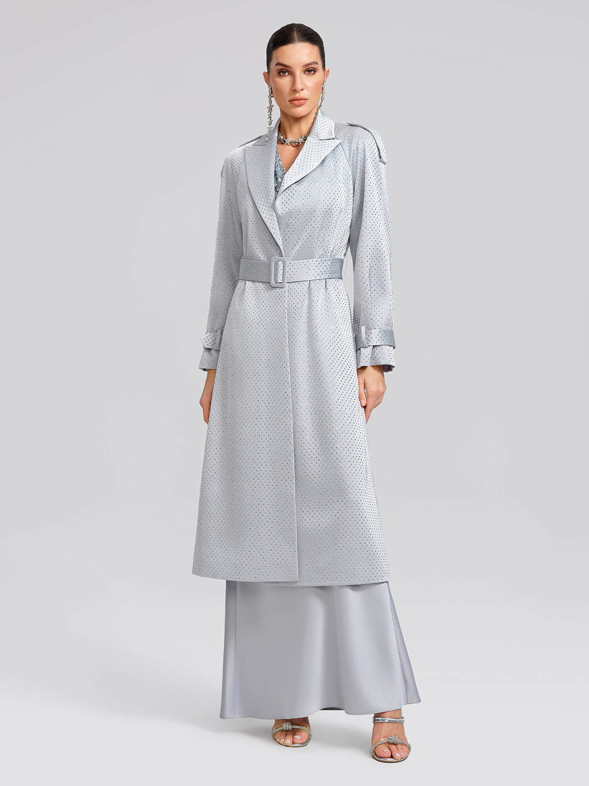 Handcrafted Rhinestone Satin Trench Coat (Belt Included)
