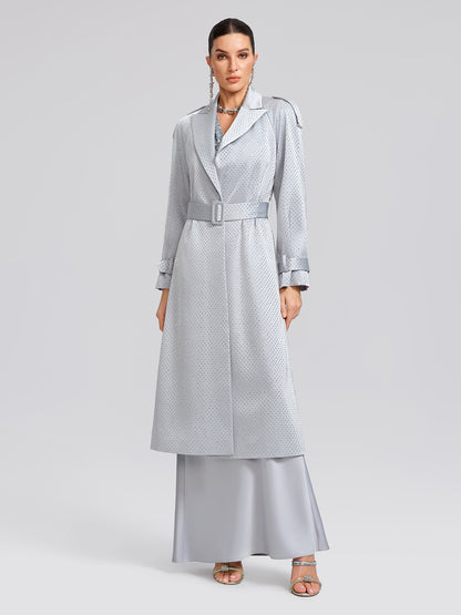 Handcrafted Rhinestone Satin Trench Coat (Belt Included)