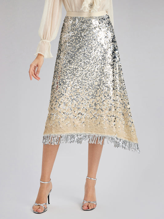 Ombre Sequin Fringe Elastic-Waist A-Line Skirt