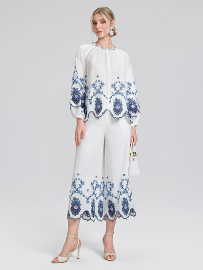 Linen Embroidered Cutwork Round Neck Balloon Sleeve Top