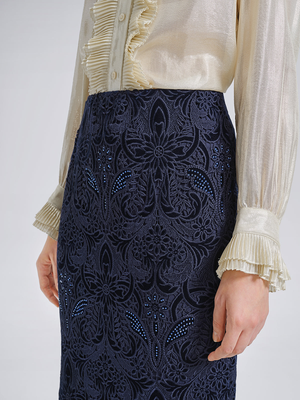 Velvet Lace Cutout Embroidered Fishtail Skirt