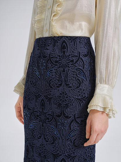 Velvet Lace Cutout Embroidered Fishtail Skirt