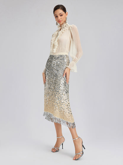 Ombre Sequin Fringe Elastic-Waist A-Line Skirt