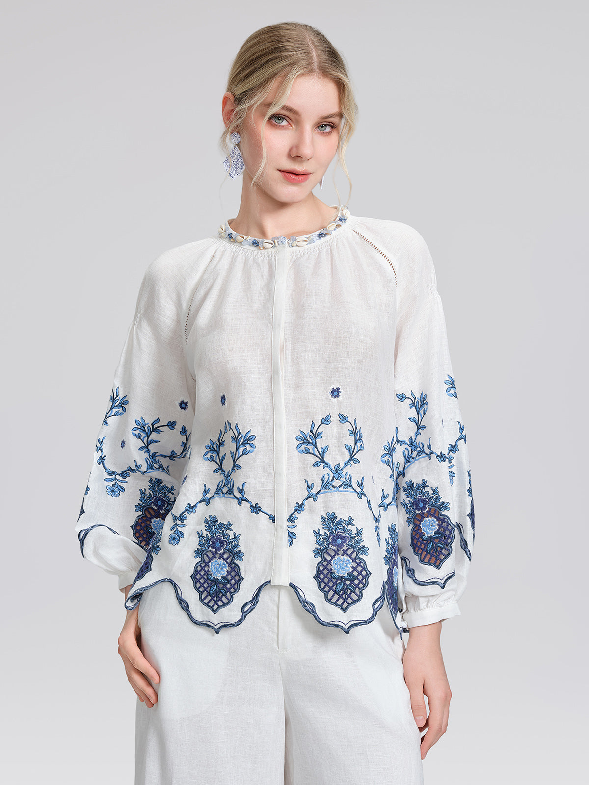 Linen Embroidered Cutwork Round Neck Balloon Sleeve Top