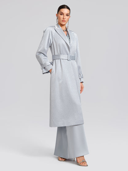 Handcrafted Rhinestone Satin Trench Coat (Belt Included)