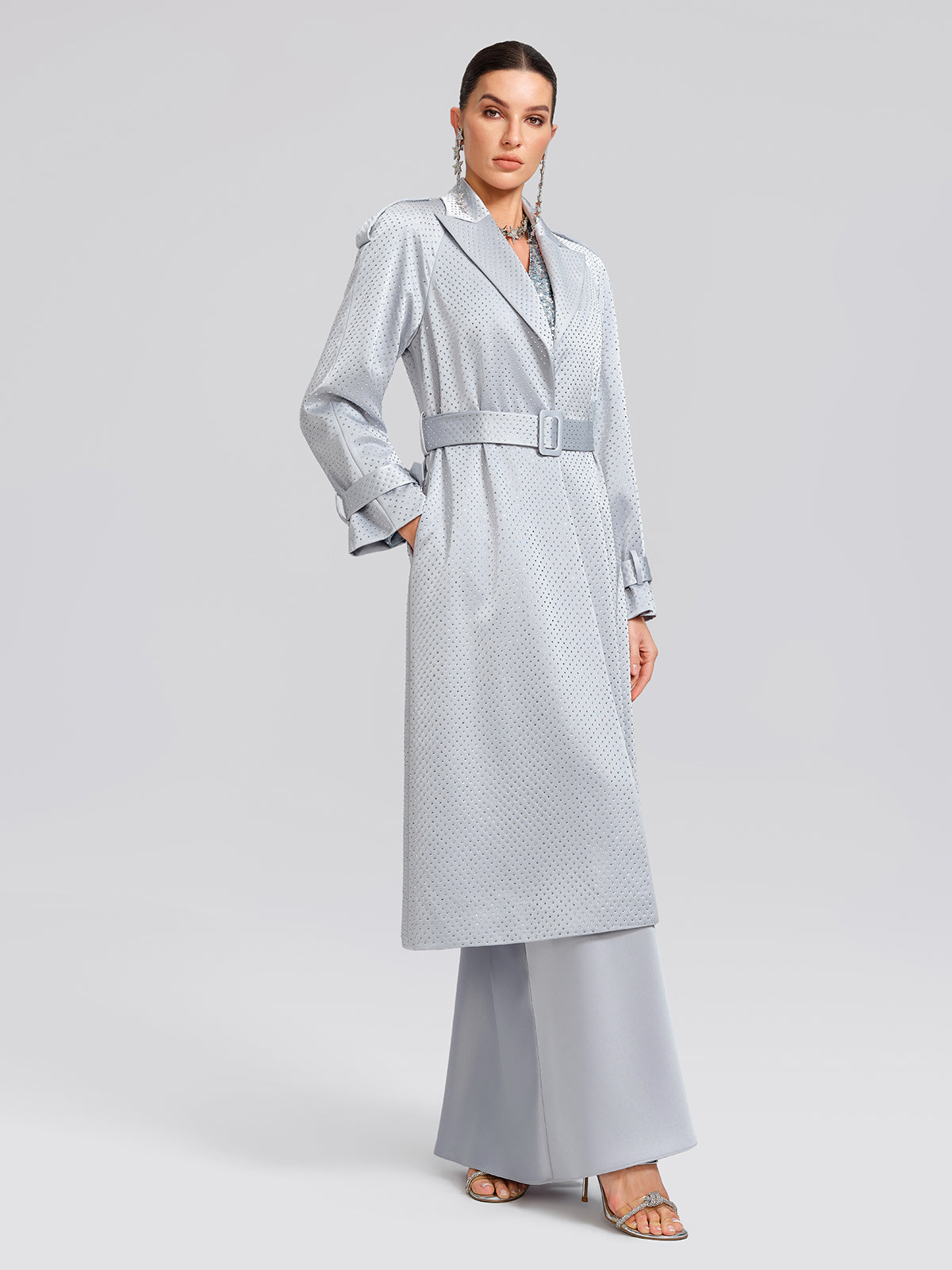 Handcrafted Rhinestone Satin Trench Coat (Belt Included)