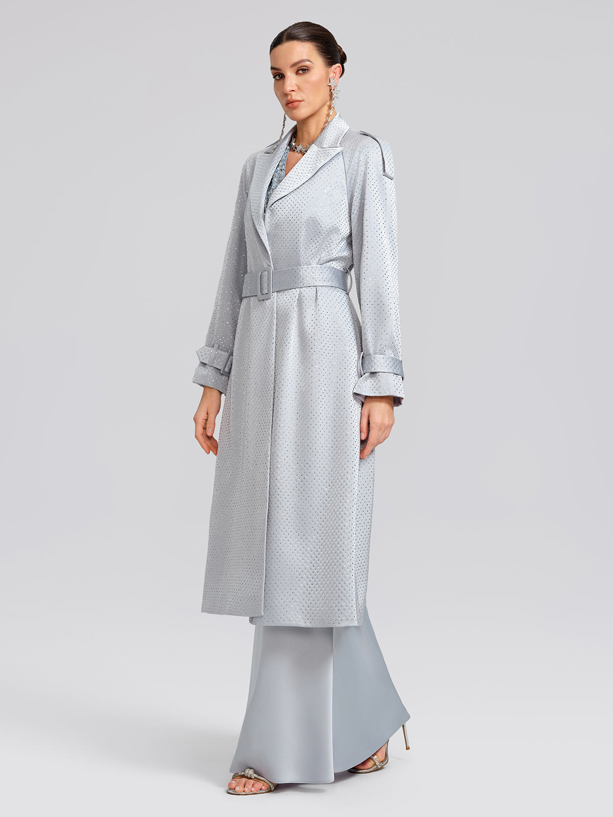 Handcrafted Rhinestone Satin Trench Coat (Belt Included)