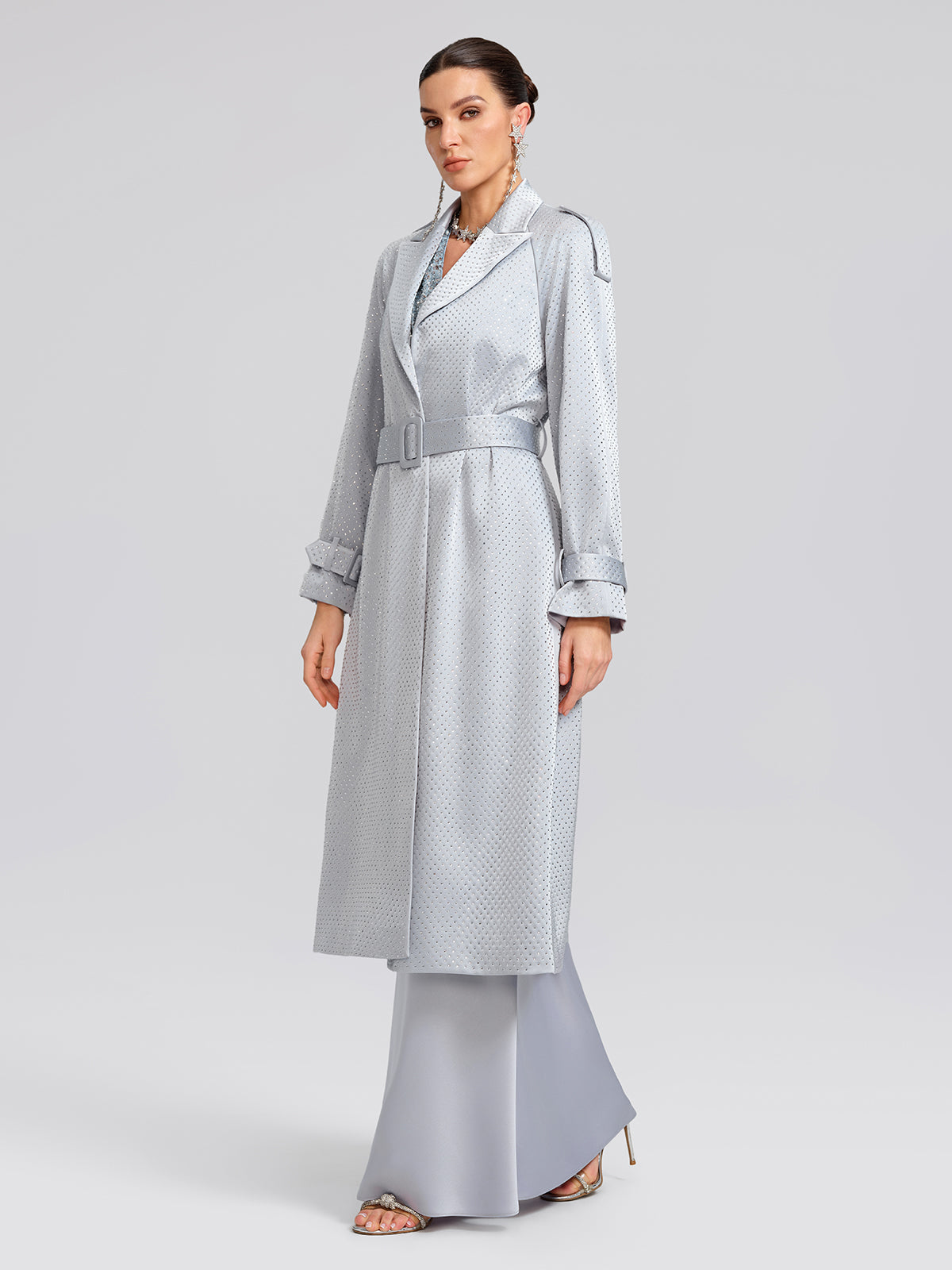 Handcrafted Rhinestone Satin Trench Coat (Belt Included)