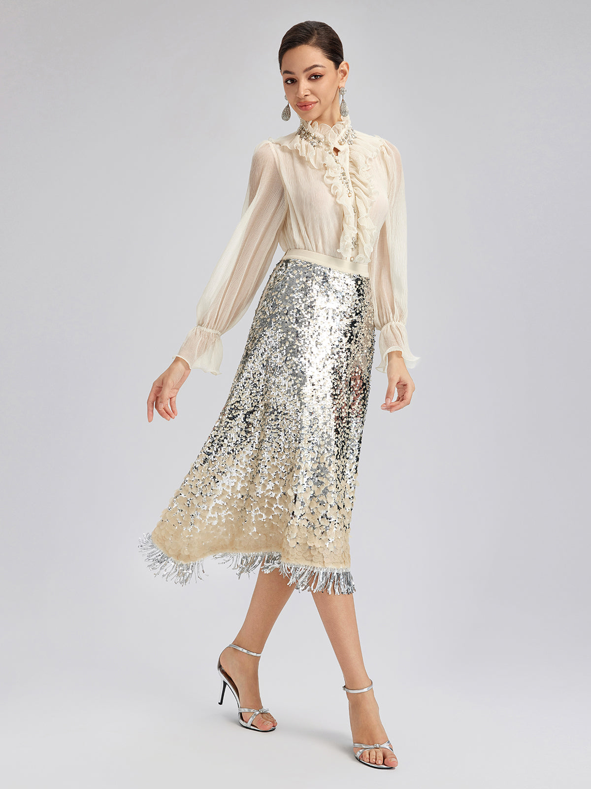 Ombre Sequin Fringe Elastic-Waist A-Line Skirt