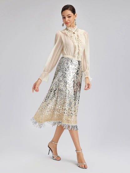 Ombre Sequin Fringe Elastic-Waist A-Line Skirt