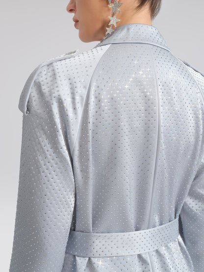 Handcrafted Rhinestone Satin Trench Coat (Belt Included)