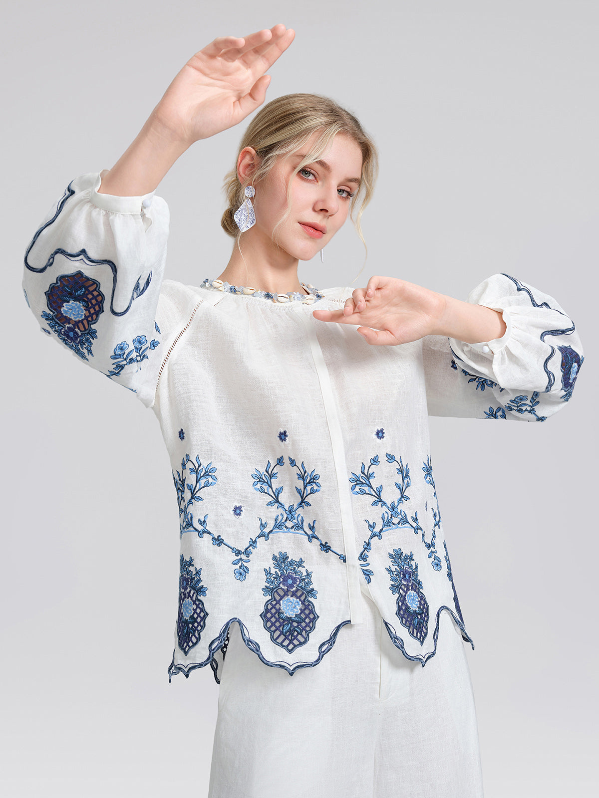 Linen Embroidered Cutwork Balloon Sleeve Top