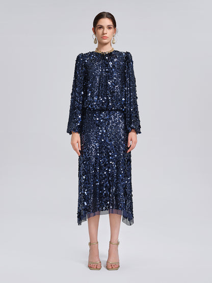 Fish-Scale Sequin Elastic-Waist Skirt