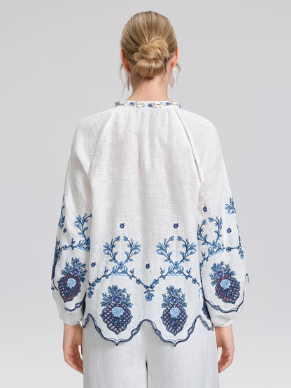 Linen Embroidered Cutwork Round Neck Balloon Sleeve Top
