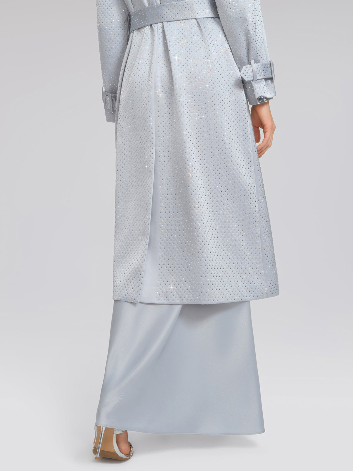 Handcrafted Rhinestone Satin Trench Coat (Belt Included)