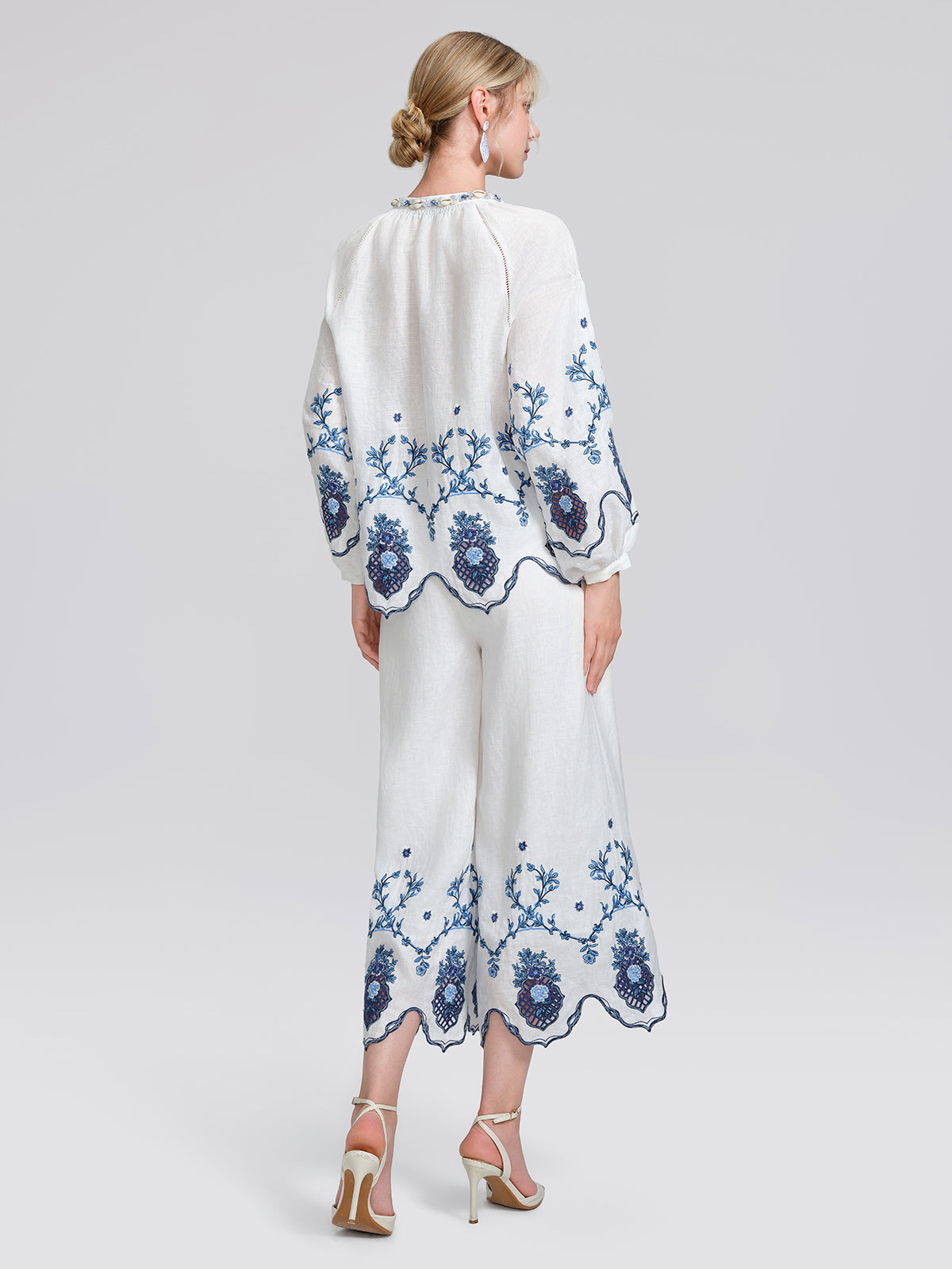 Linen Embroidered Cutwork Pearl Button Wide-Leg Pants