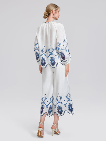 Linen Embroidered Cutwork Pearl Button Wide-Leg Pants