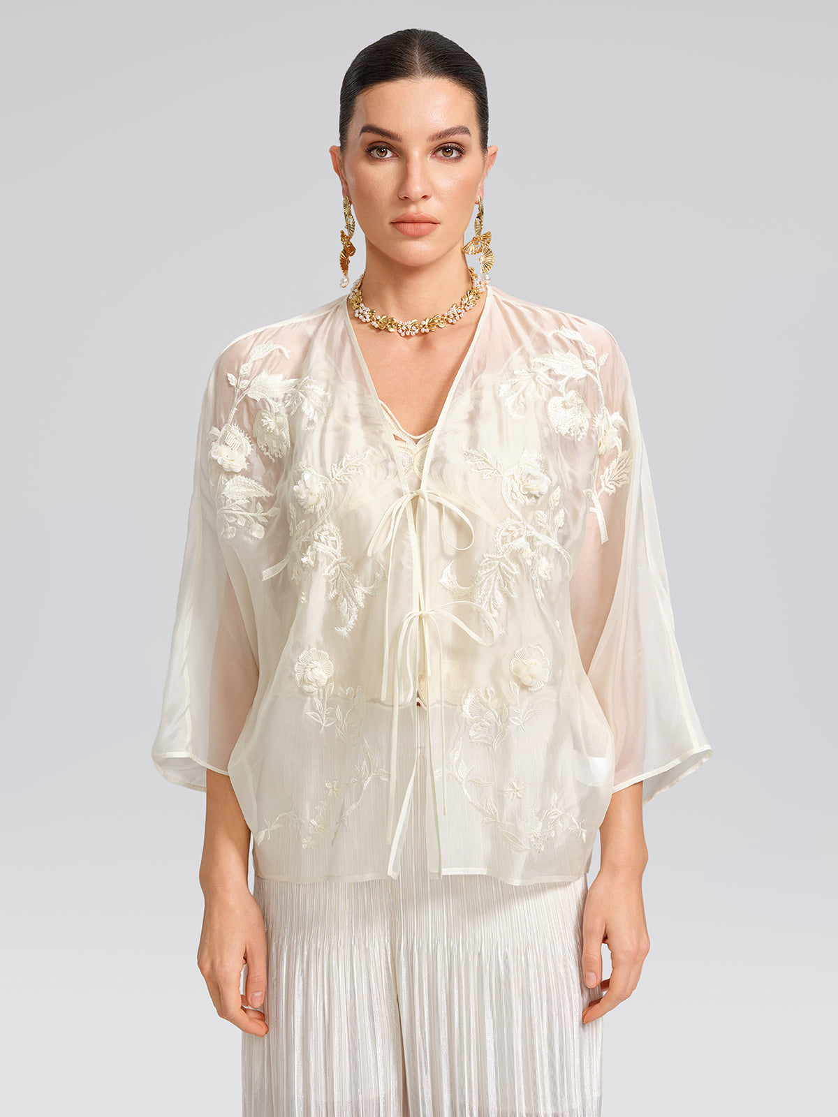 Embroidered Beaded Organza Batwing Shawl