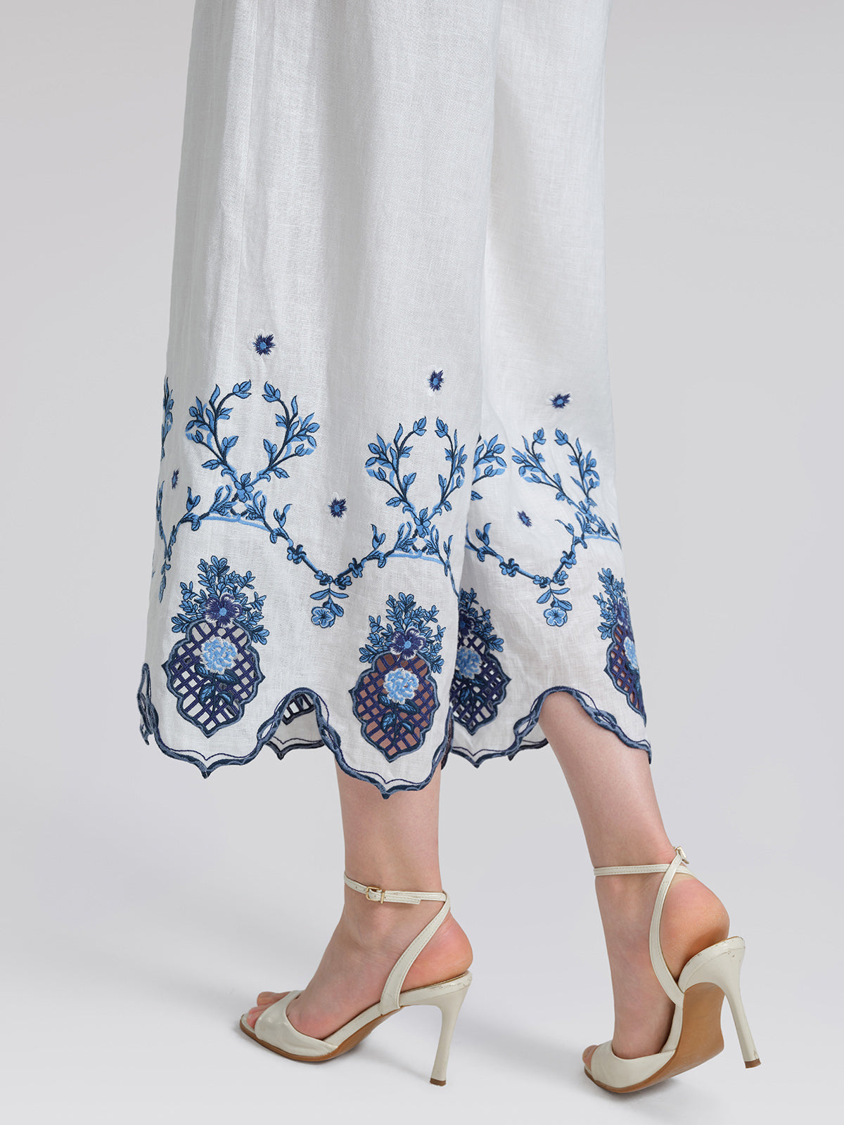 Linen Embroidered Cutwork Pearl Button Wide-Leg Pants