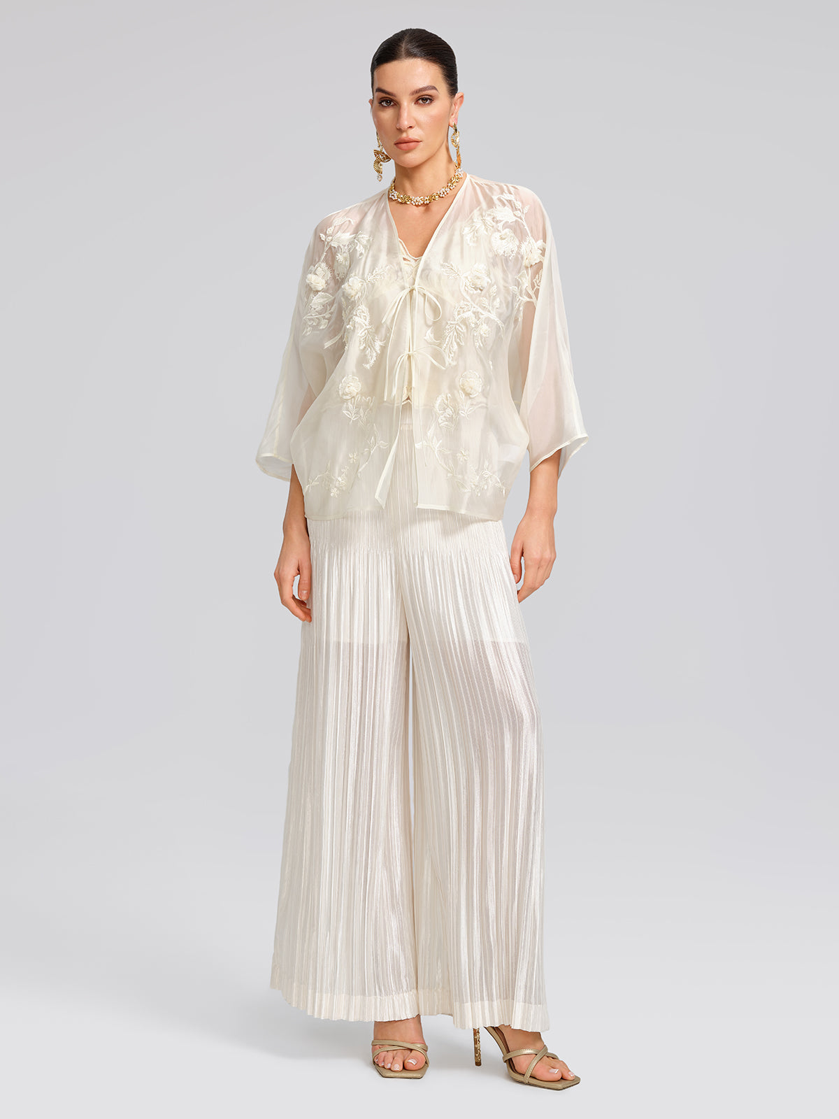 Embroidered Beaded Organza Batwing Shawl