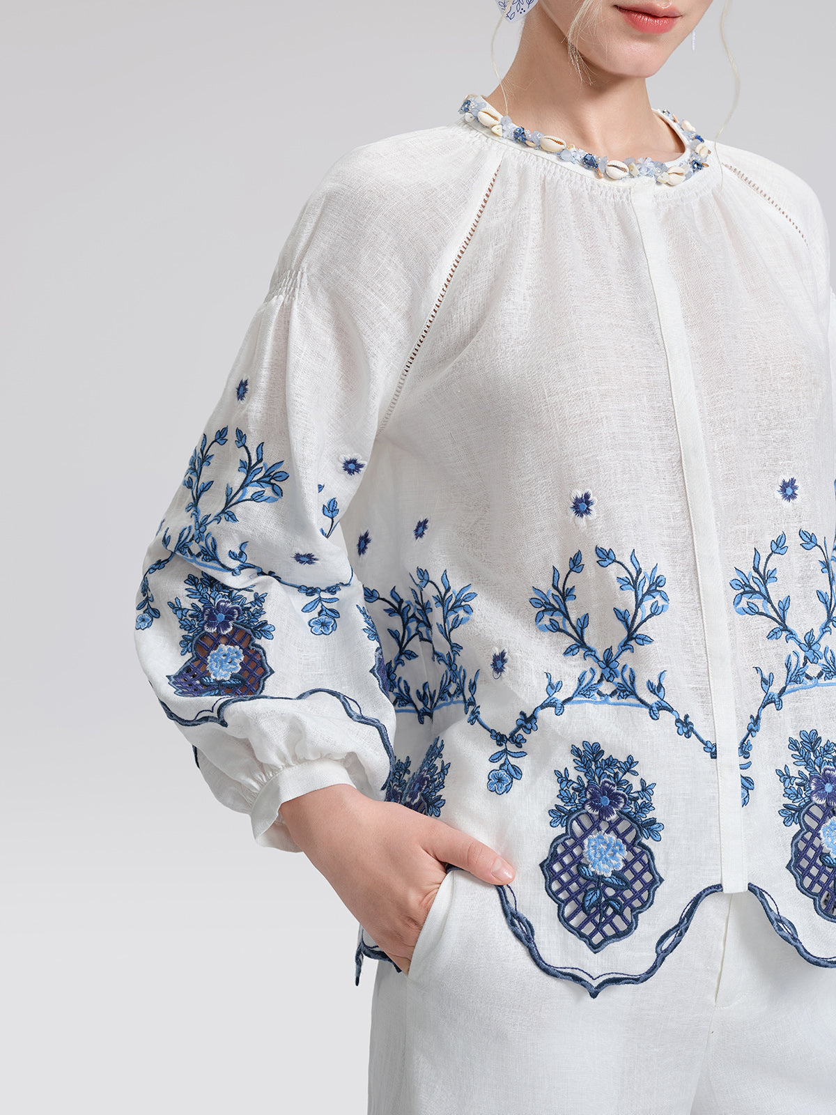 Linen Embroidered Cutwork Balloon Sleeve Top