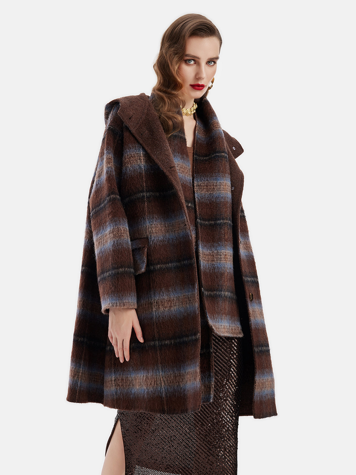 Bolivian Wool Checked Hooded Coat