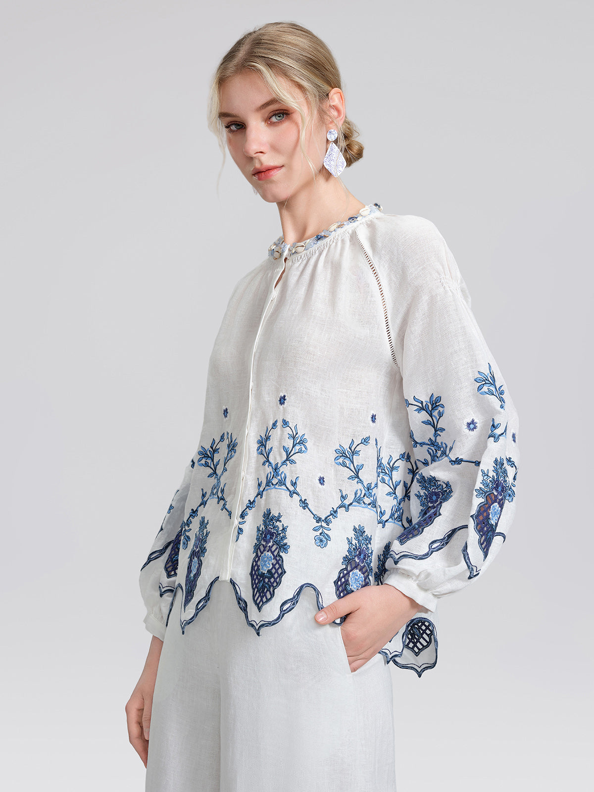 Linen Embroidered Cutwork Balloon Sleeve Top