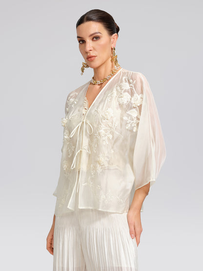 Embroidered Beaded Organza Batwing Shawl