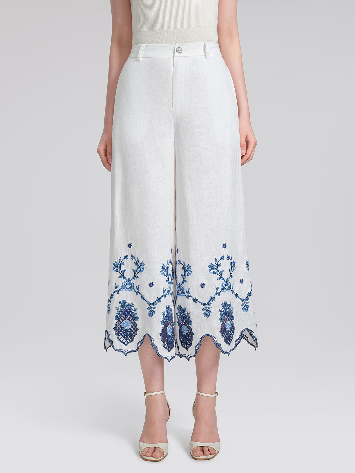 Linen Embroidered Cutwork Pearl Button Wide-Leg Pants