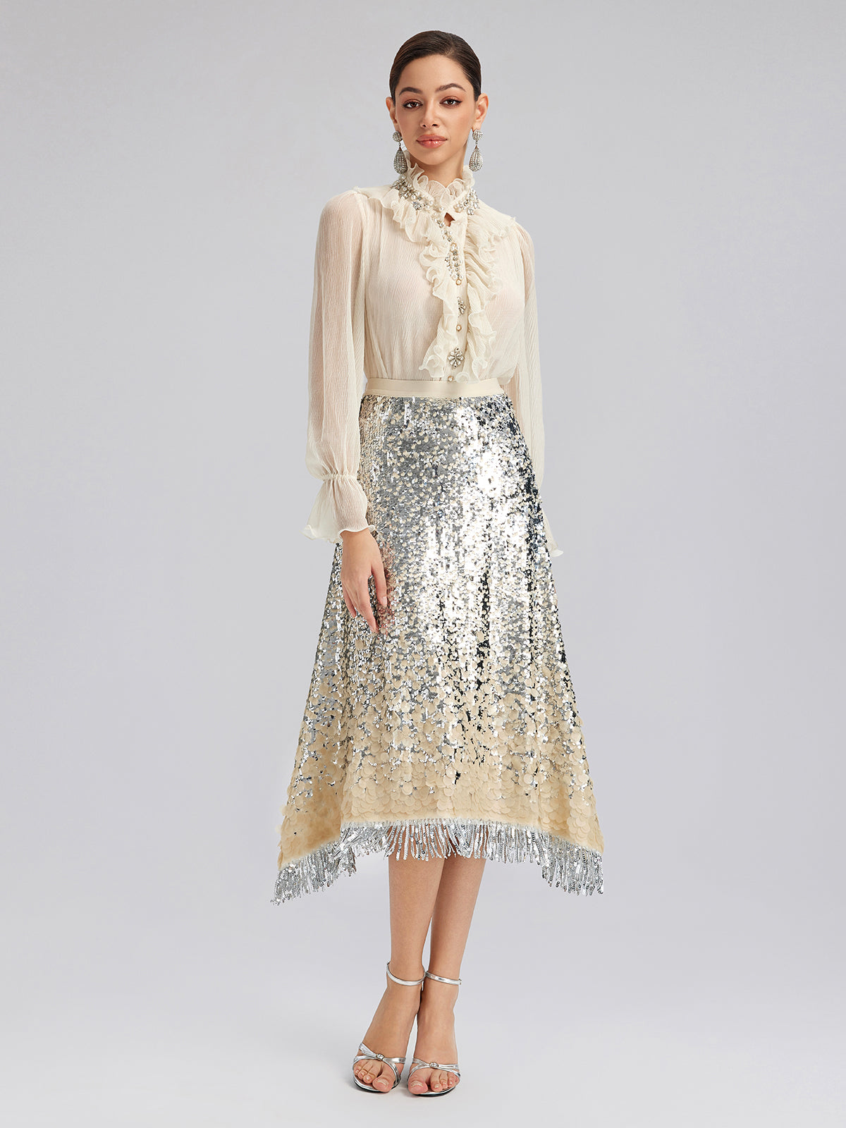 Ombre Sequin Fringe Elastic-Waist A-Line Skirt