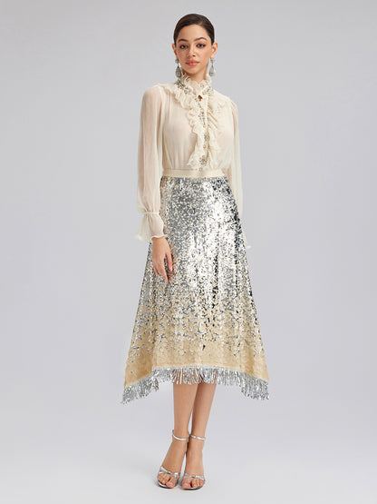 Ombre Sequin Fringe Elastic-Waist A-Line Skirt