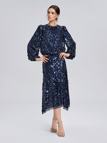 Fish-Scale Sequin Elastic-Waist Skirt