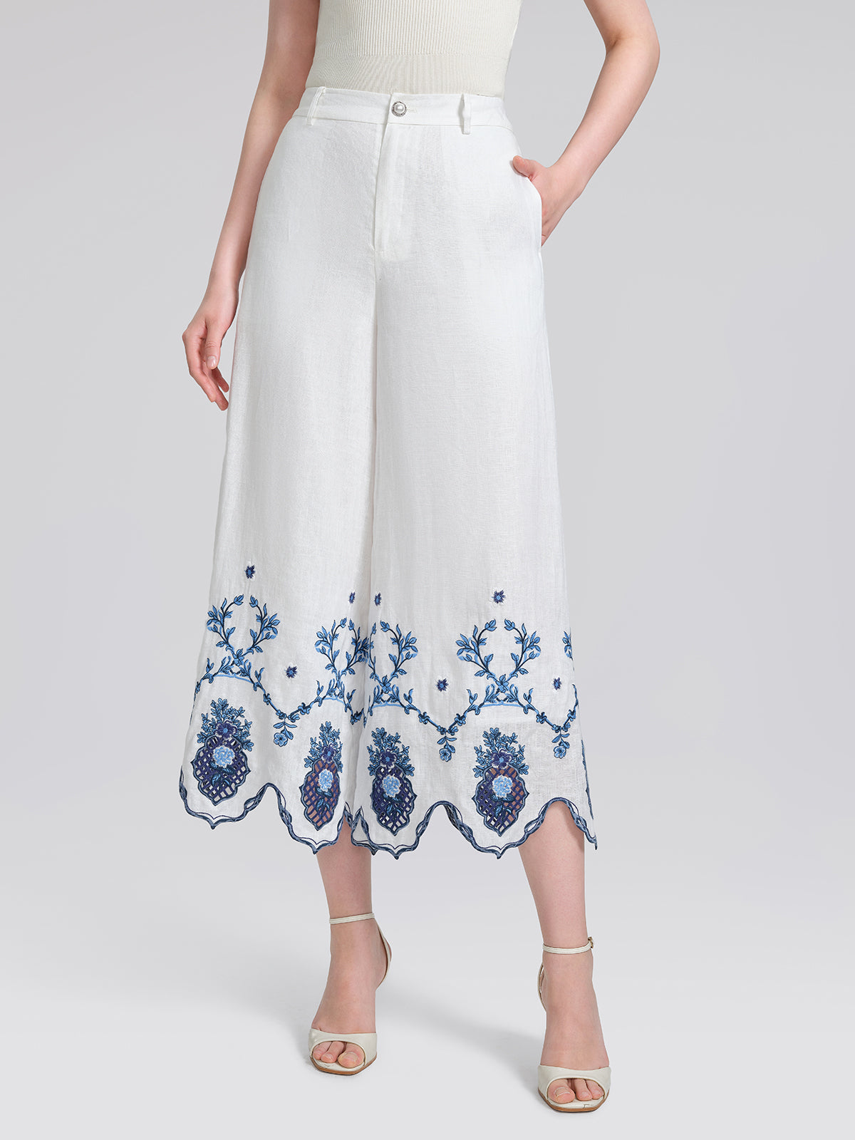 Linen Embroidered Cutwork Pearl Button Wide-Leg Pants