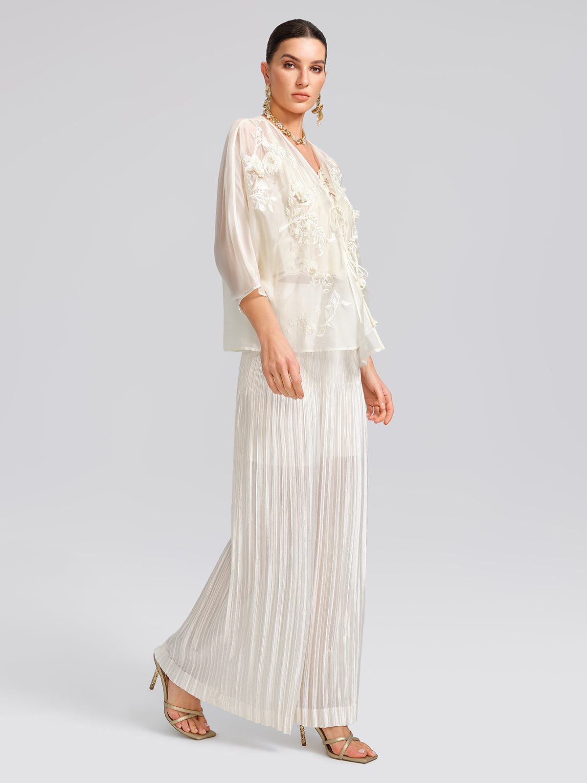 Embroidered Beaded Organza Batwing Shawl
