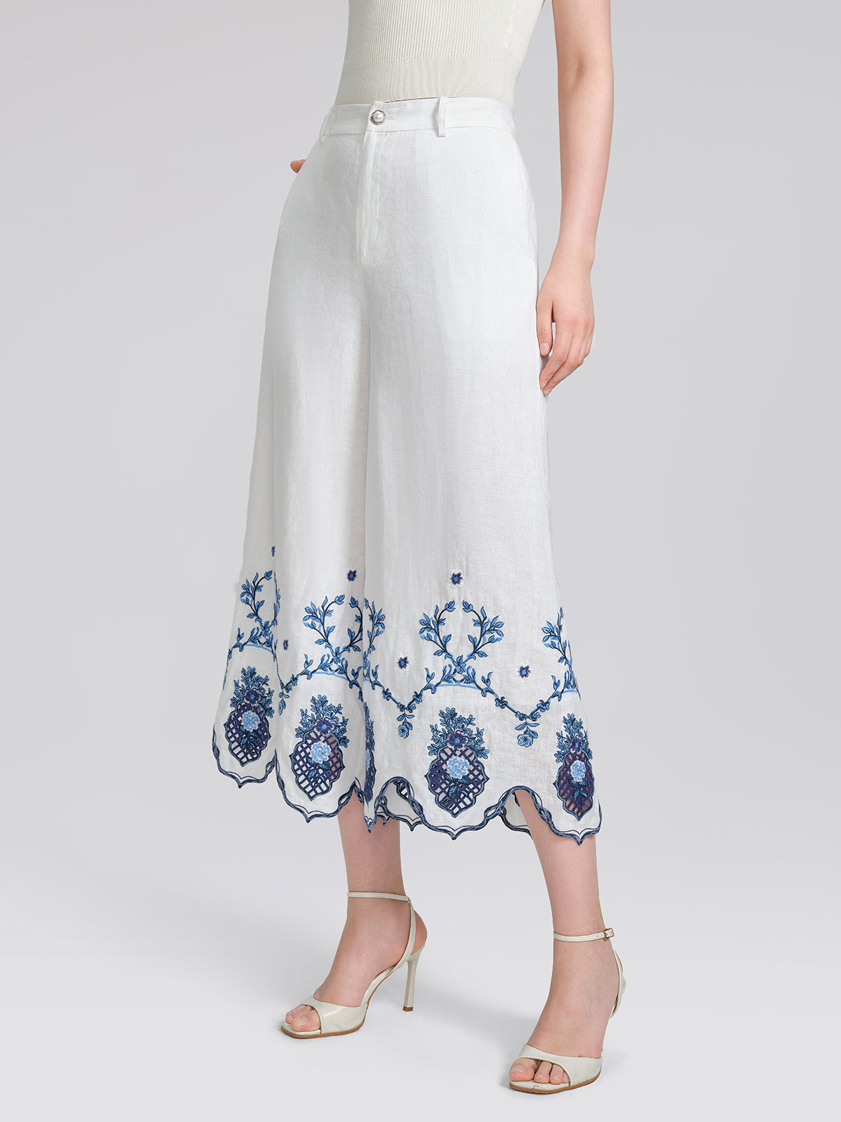 Linen Embroidered Cutwork Pearl Button Wide-Leg Pants