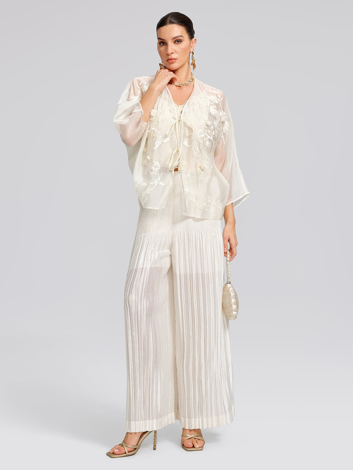 Embroidered Beaded Organza Batwing Shawl