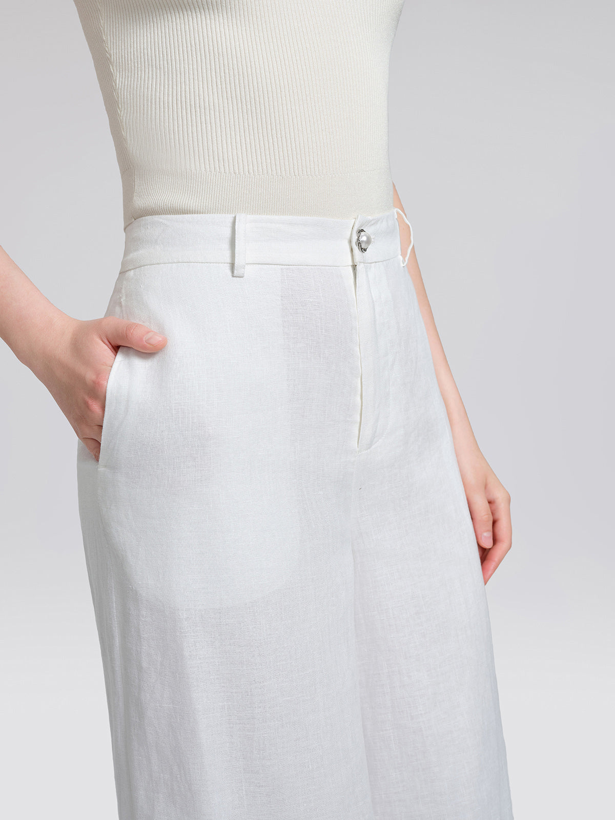 Linen Embroidered Cutwork Pearl Button Wide-Leg Pants