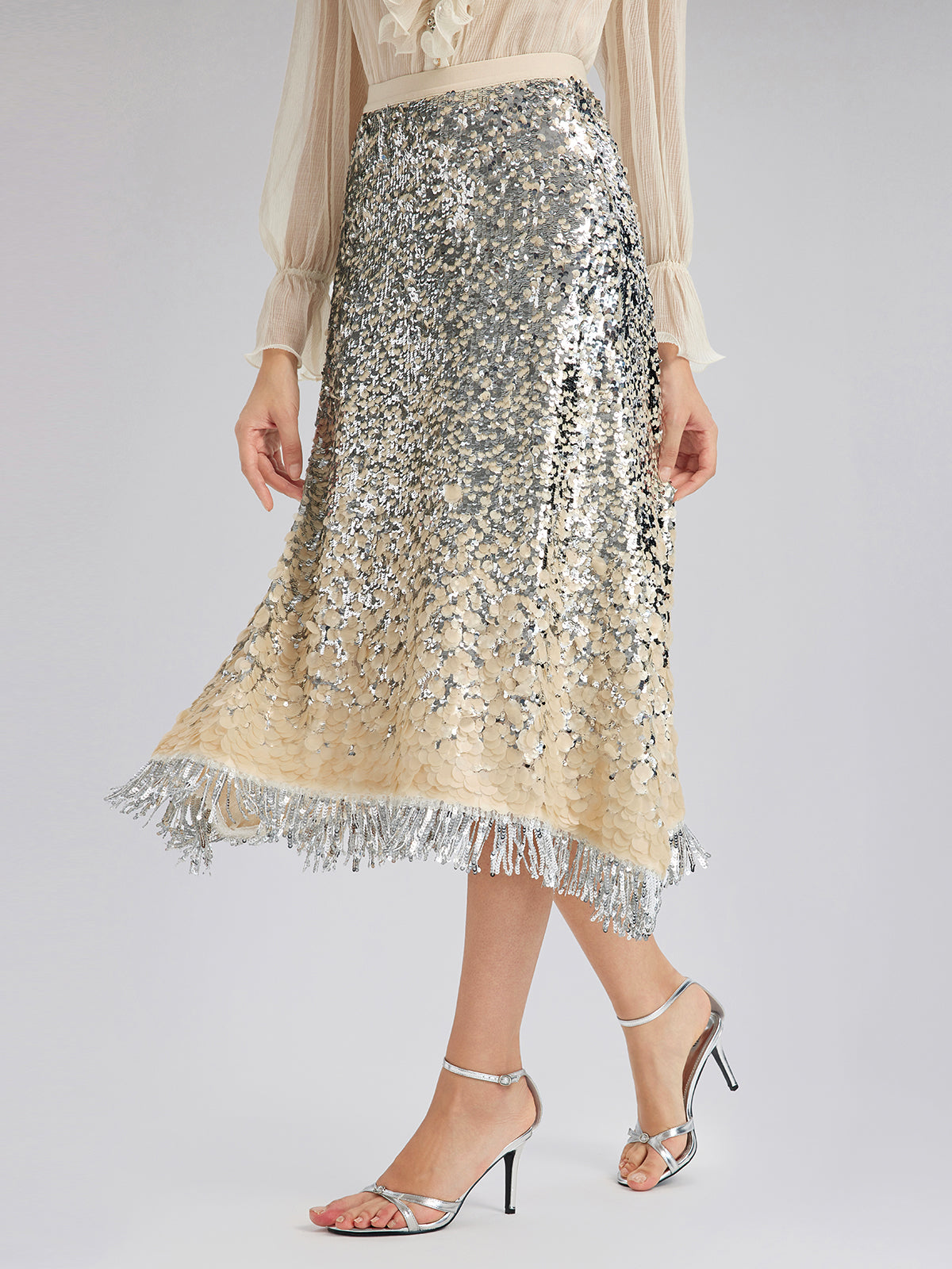 Ombre Sequin Fringe Elastic-Waist A-Line Skirt