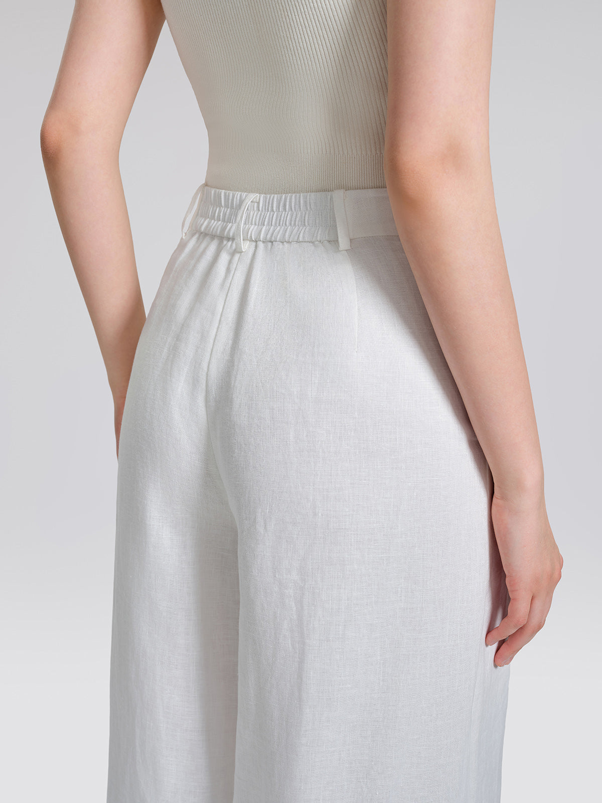 Linen Embroidered Cutwork Pearl Button Wide-Leg Pants