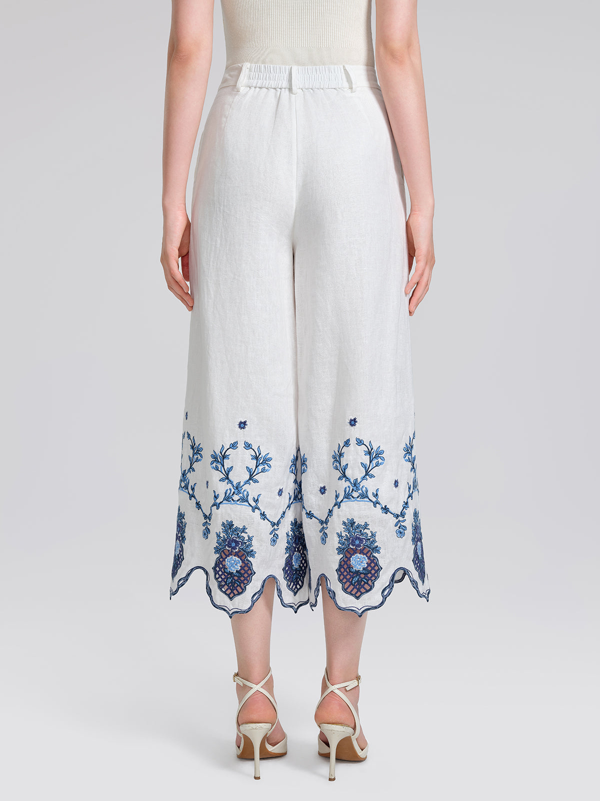 Linen Embroidered Cutwork Pearl Button Wide-Leg Pants
