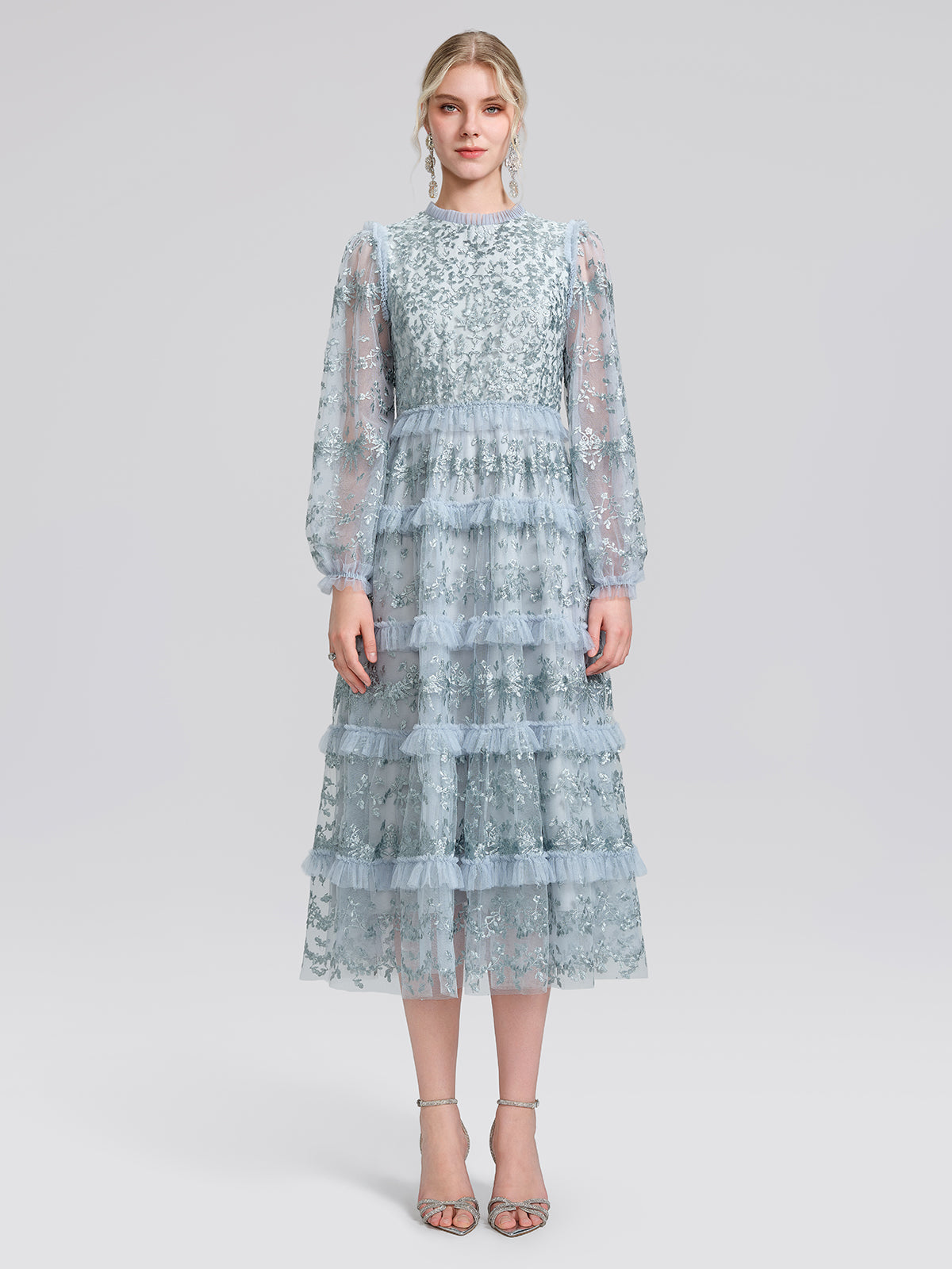 Embroidered Mesh Ruffle Lantern Sleeve Dress