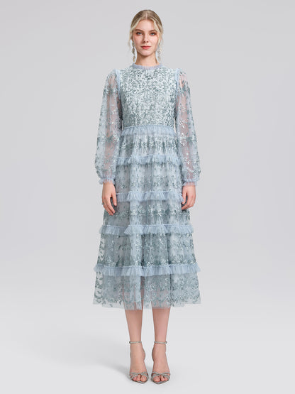 Embroidered Mesh Ruffle Lantern Sleeve Dress