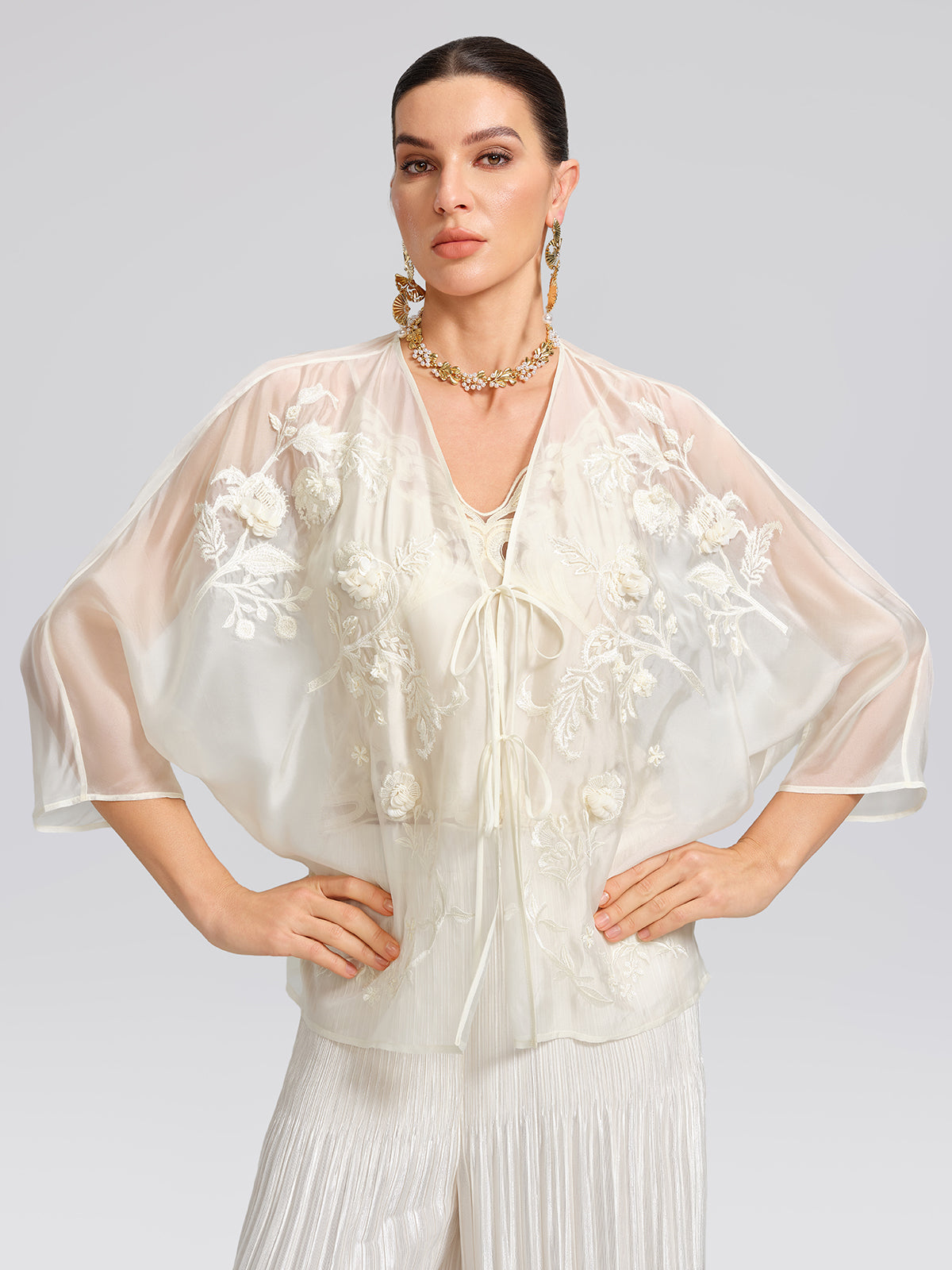 Embroidered Beaded Organza Batwing Shawl